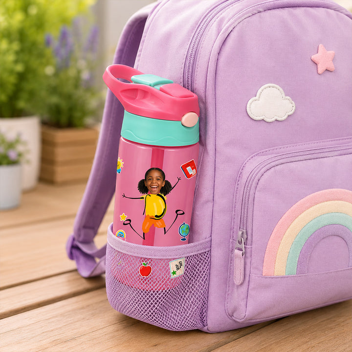 Personalized Photo Kid 16oz Water Bottle with Straw Handle Colorful Cartoon Birthday Back to School Gift