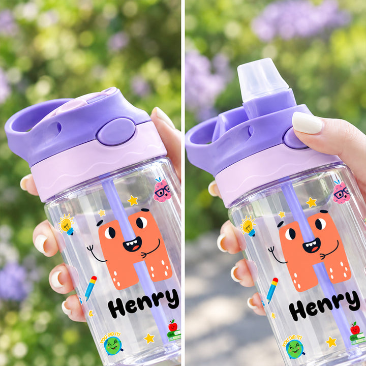 Personalized Photo Kid 16oz Water Bottle with Straw Handle Colorful Cartoon Birthday Back to School Gift