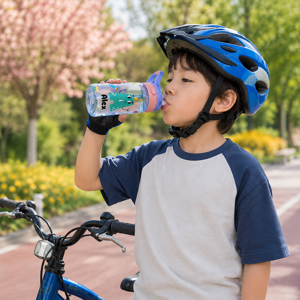 Personalized Photo Kid 16oz Water Bottle with Straw Handle Colorful Cartoon Birthday Back to School Gift