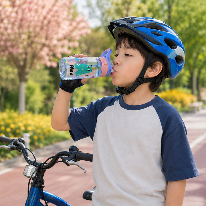 Personalized Photo Kid 16oz Water Bottle with Straw Handle Colorful Cartoon Birthday Back to School Gift