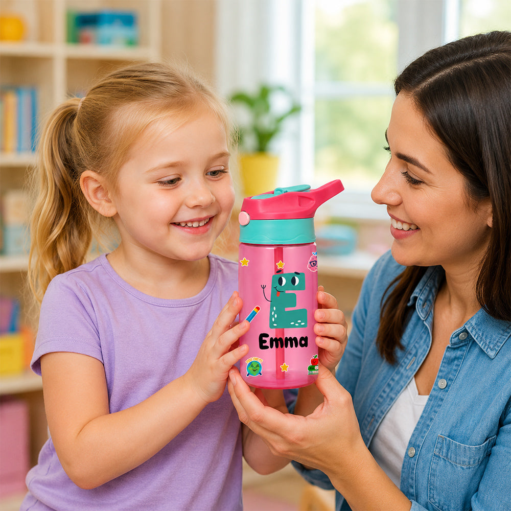 Personalized Photo Kid 16oz Water Bottle with Straw Handle Colorful Cartoon Birthday Back to School Gift