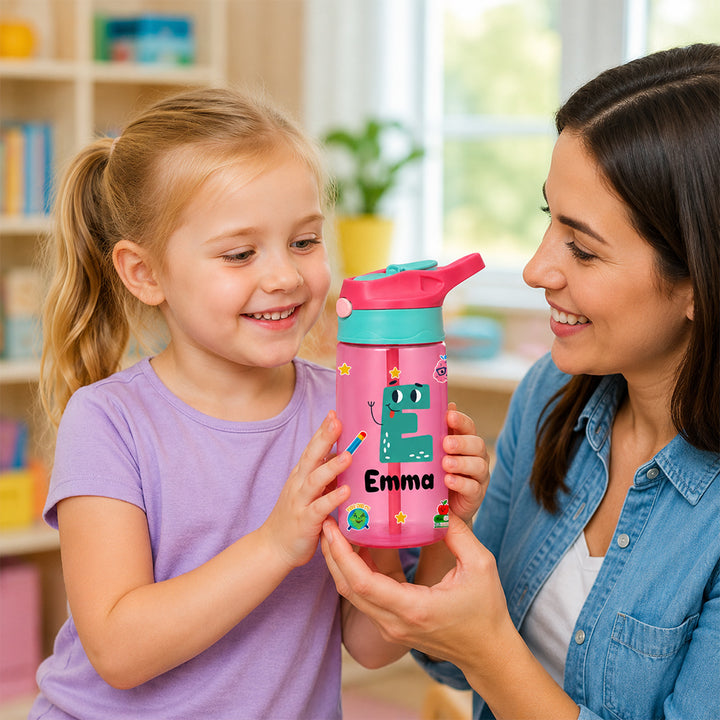 Personalized Photo Kid 16oz Water Bottle with Straw Handle Colorful Cartoon Birthday Back to School Gift