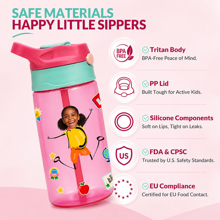 Personalized Photo Kid 16oz Water Bottle with Straw Handle Colorful Cartoon Birthday Back to School Gift