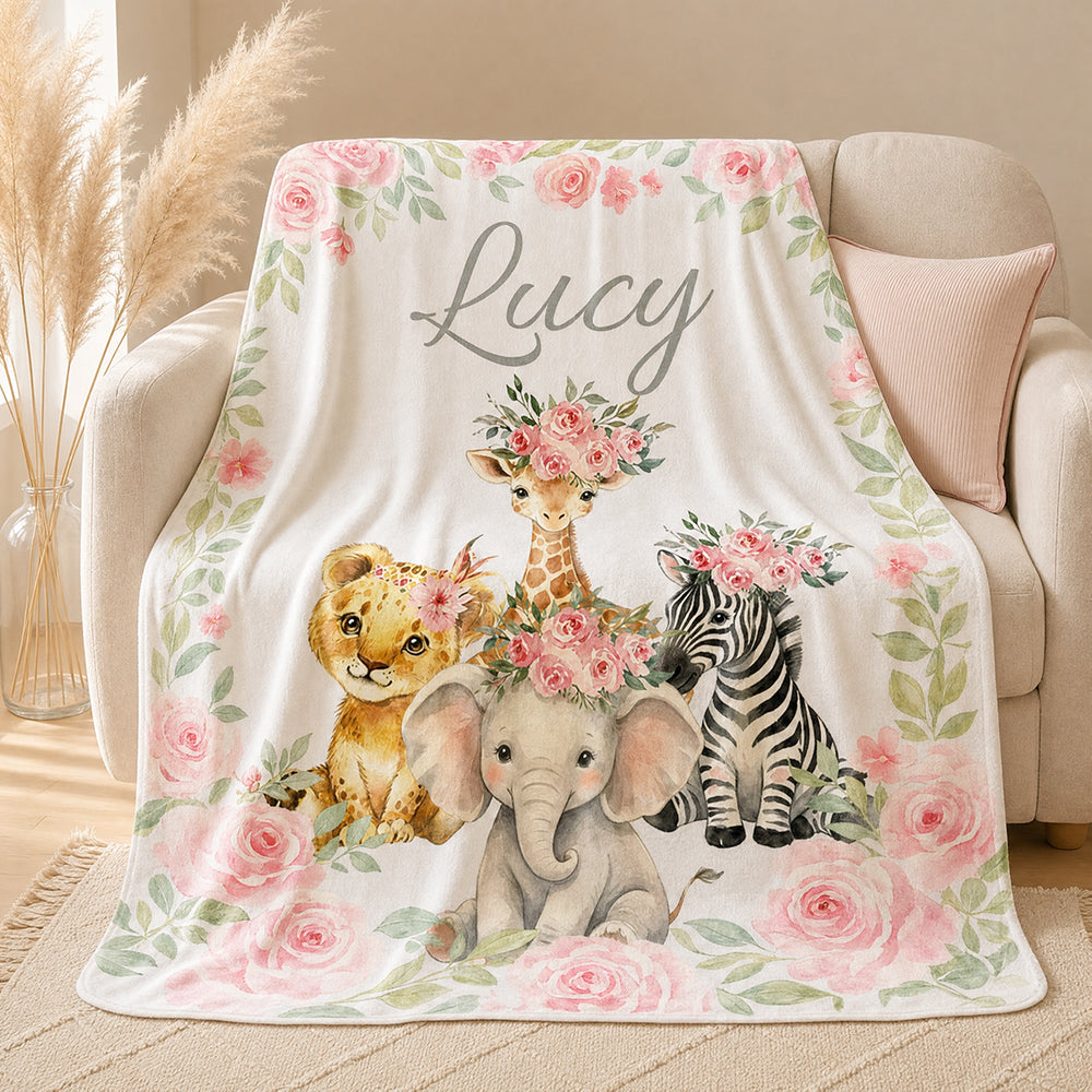 Personalized Pink Floral Safari Animal Baby Flannel Blanket with Name Baby Shower Gift
