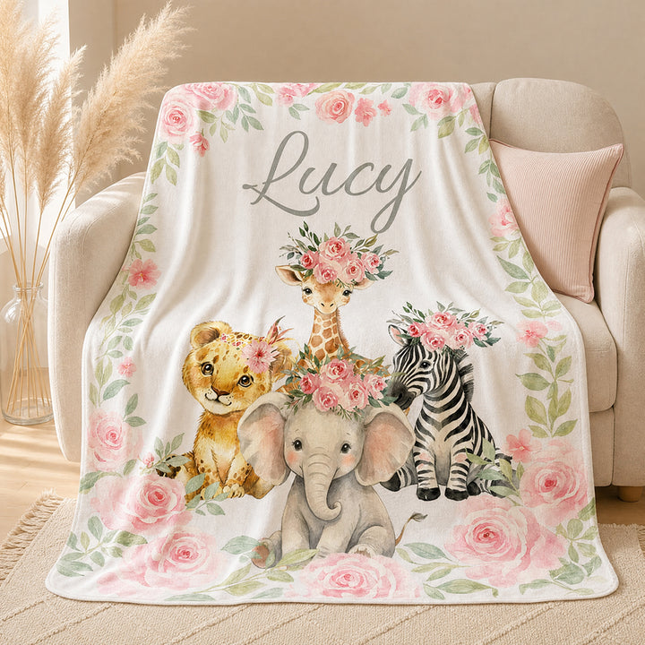 Personalized Pink Floral Safari Animal Baby Flannel Blanket with Name Baby Shower Gift