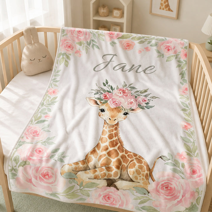 Personalized Pink Floral Safari Animal Baby Flannel Blanket with Name Baby Shower Gift