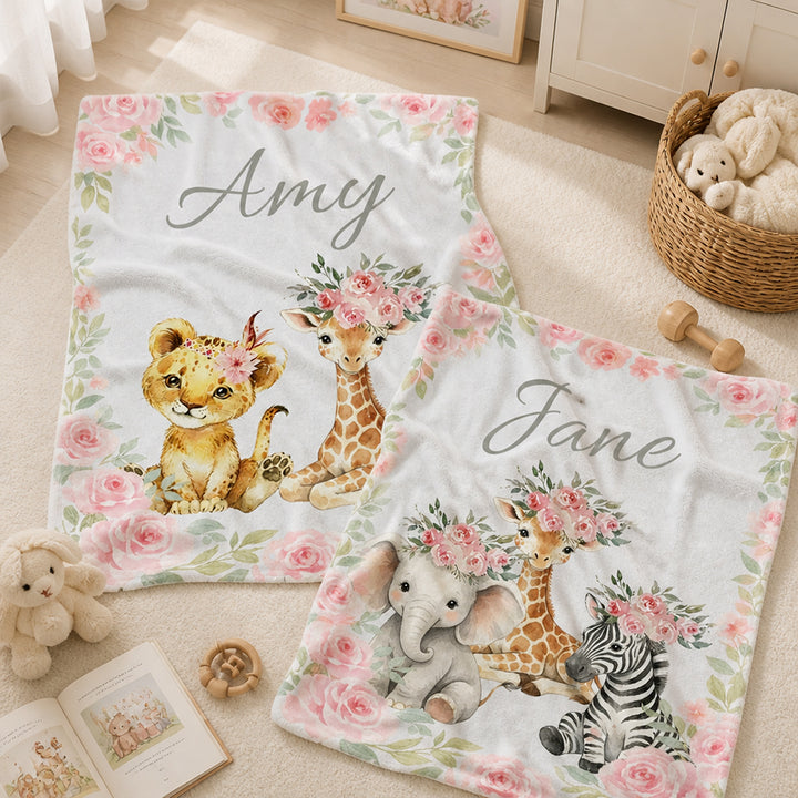 Personalized Pink Floral Safari Animal Baby Flannel Blanket with Name Baby Shower Gift
