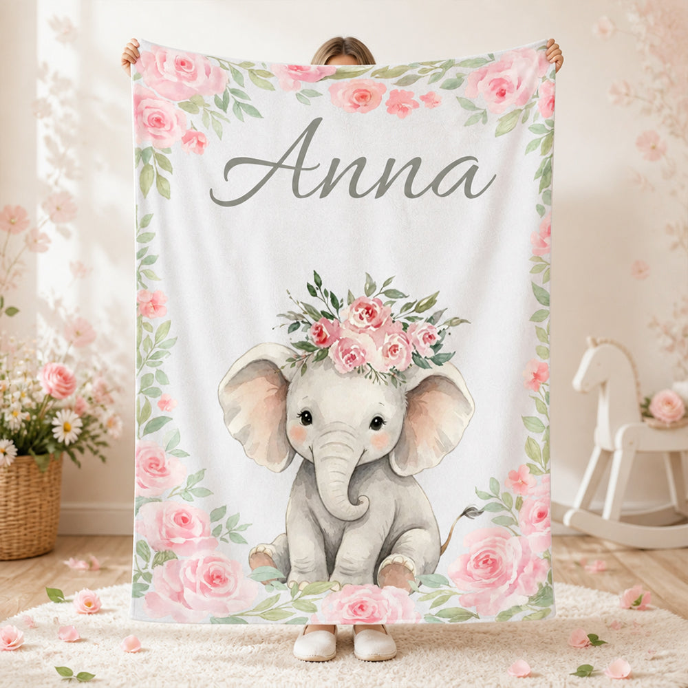 Personalized Pink Floral Safari Animal Baby Flannel Blanket with Name Baby Shower Gift