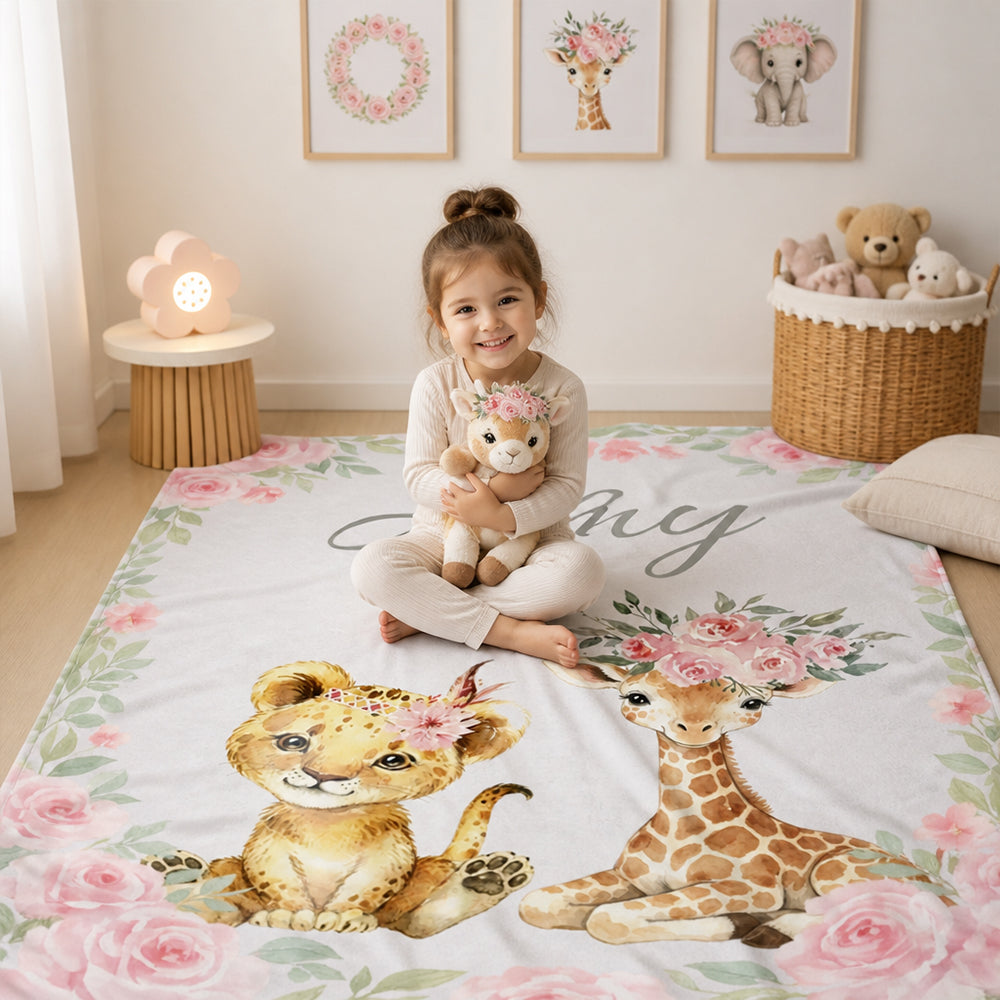 Personalized Pink Floral Safari Animal Baby Flannel Blanket with Name Baby Shower Gift