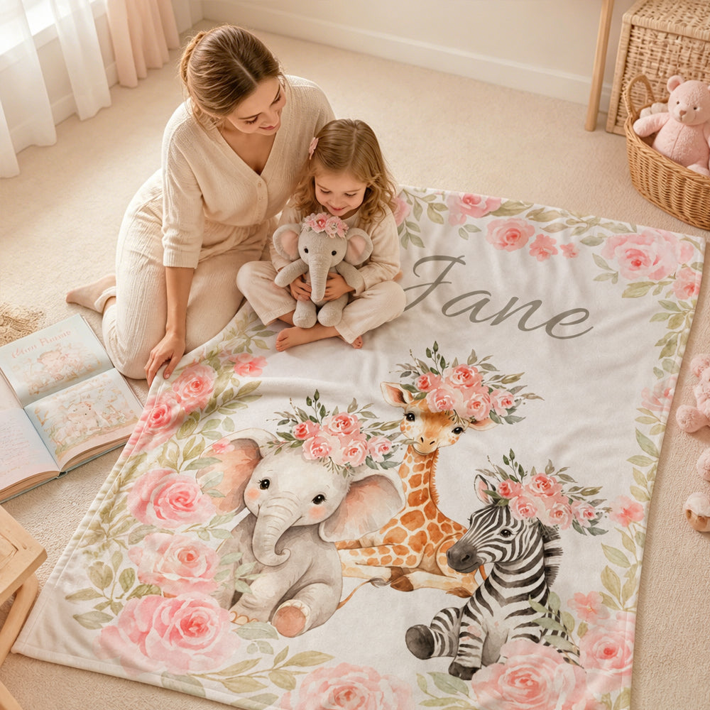 Personalized Pink Floral Safari Animal Baby Flannel Blanket with Name Baby Shower Gift