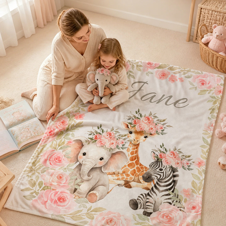 Personalized Pink Floral Safari Animal Baby Flannel Blanket with Name Baby Shower Gift