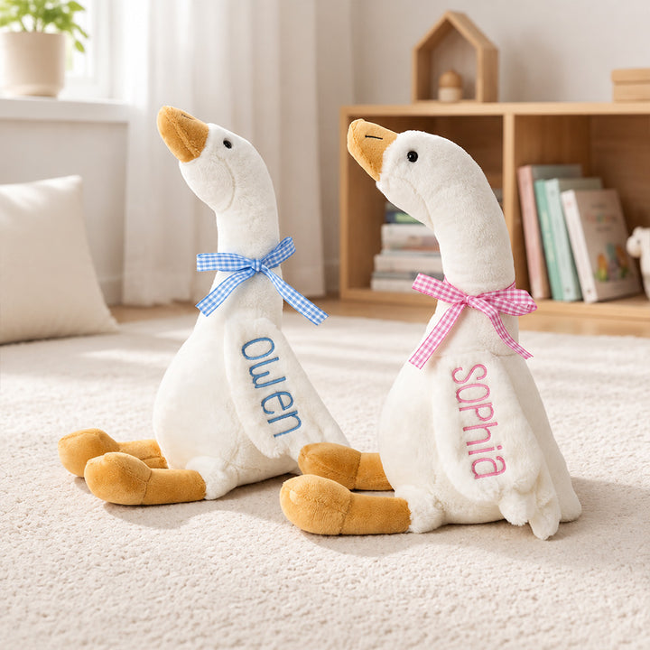 Personalized Plaid Ribbon Bow Baby Goose Plush Toy Custom Nursery Decor with Embroidered Name Cute Baby Shower Birthday Gift for Babies and Kids