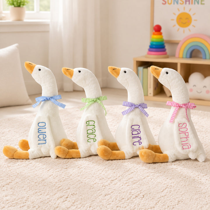 Personalized Plaid Ribbon Bow Baby Goose Plush Toy Custom Nursery Decor with Embroidered Name Cute Baby Shower Birthday Gift for Babies and Kids
