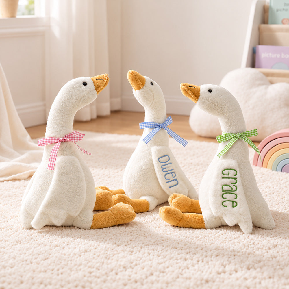 Personalized Plaid Ribbon Bow Baby Goose Plush Toy Custom Nursery Decor with Embroidered Name Cute Baby Shower Birthday Gift for Babies and Kids