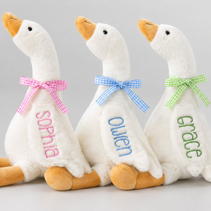 Personalized Plaid Ribbon Bow Baby Goose Plush Toy Custom Nursery Decor with Embroidered Name Cute Baby Shower Birthday Gift for Babies and Kids