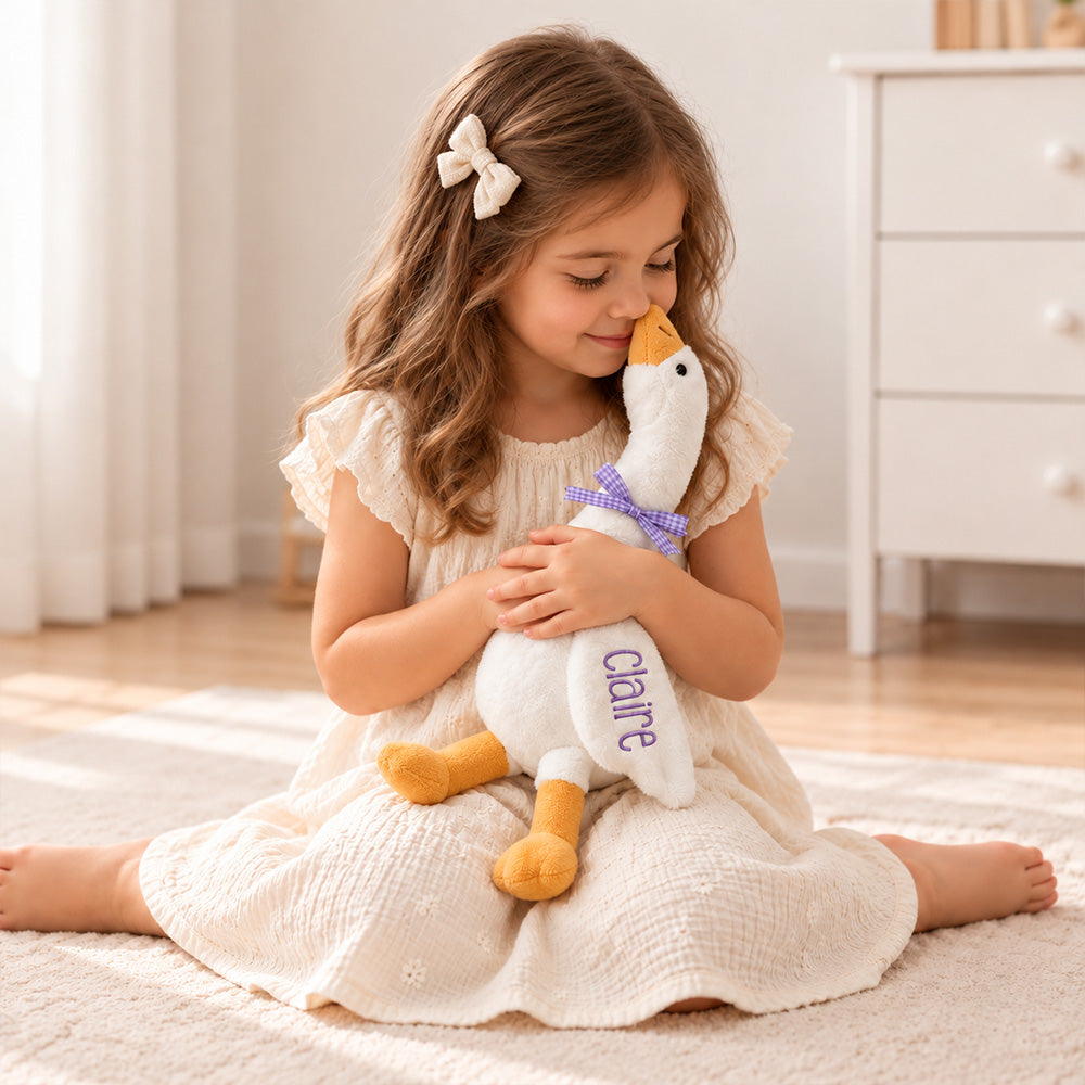Personalized Plaid Ribbon Bow Baby Goose Plush Toy Custom Nursery Decor with Embroidered Name Cute Baby Shower Birthday Gift for Babies and Kids