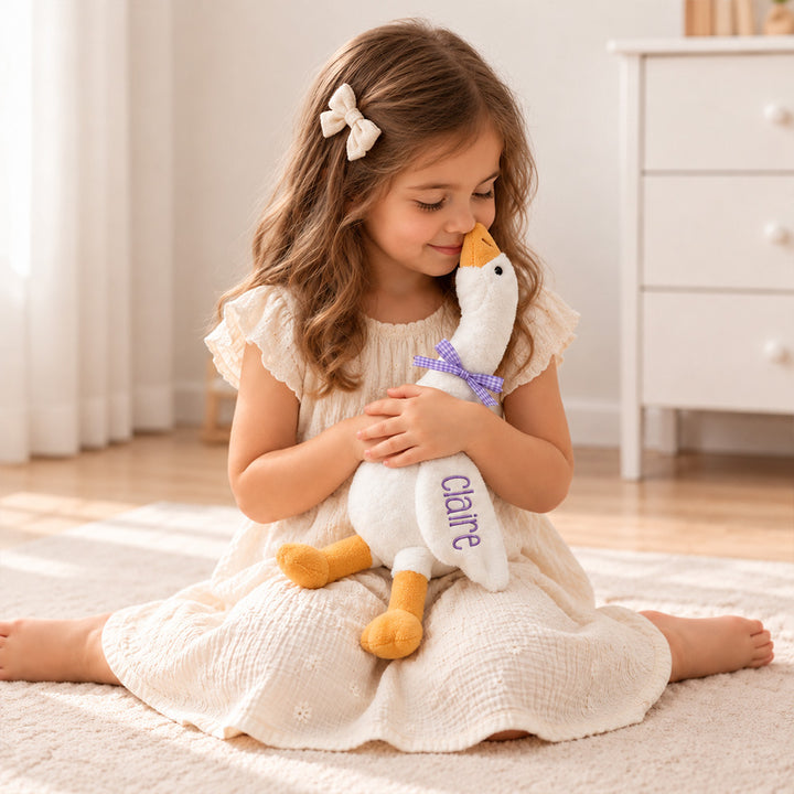 Personalized Plaid Ribbon Bow Baby Goose Plush Toy Custom Nursery Decor with Embroidered Name Cute Baby Shower Birthday Gift for Babies and Kids