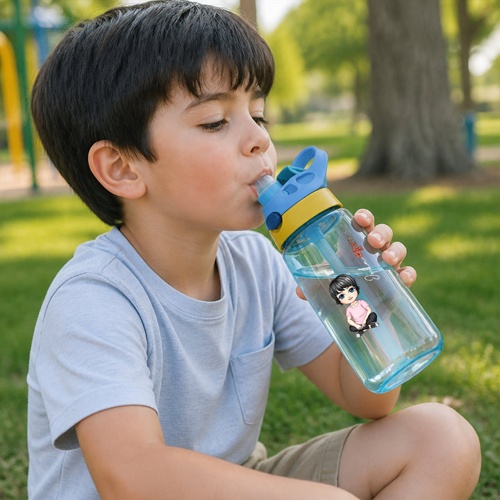 Personalized Portrait Water Bottle Custom Name Cartoon Sports Bottle with Straw Gifts For Kids