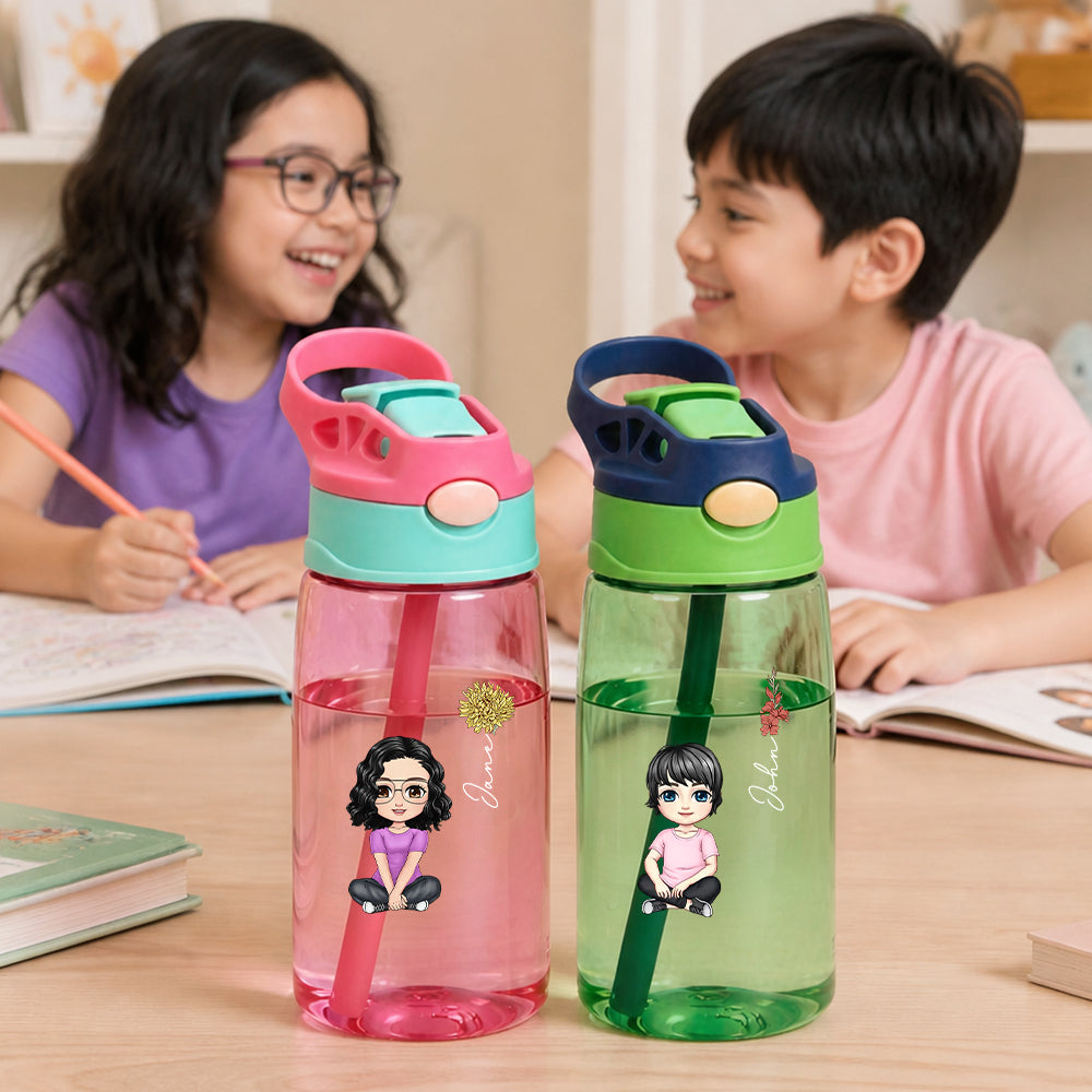 Personalized Portrait Water Bottle Custom Name Cartoon Sports Bottle with Straw Gifts For Kids