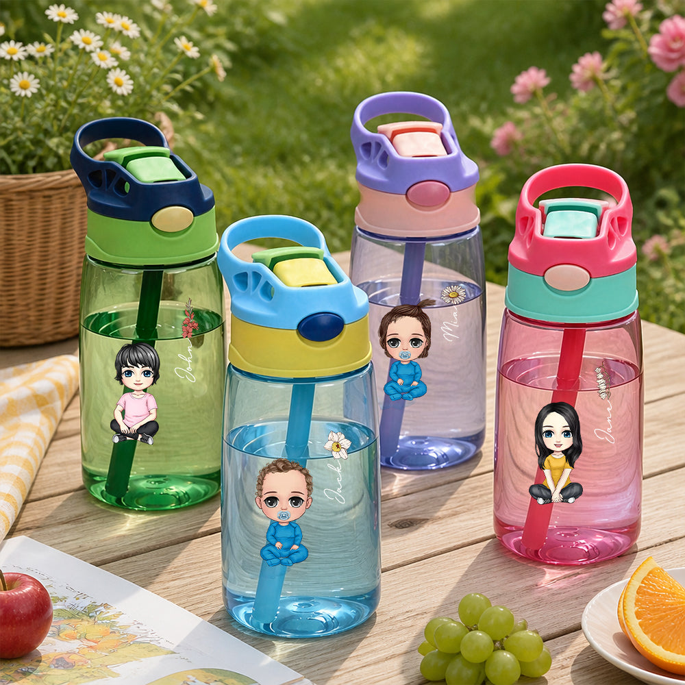 Personalized Portrait Water Bottle Custom Name Cartoon Sports Bottle with Straw Gifts For Kids