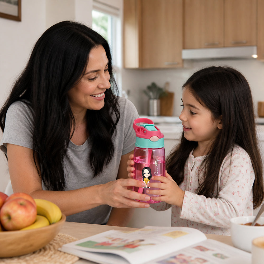 Personalized Portrait Water Bottle Custom Name Cartoon Sports Bottle with Straw Gifts For Kids