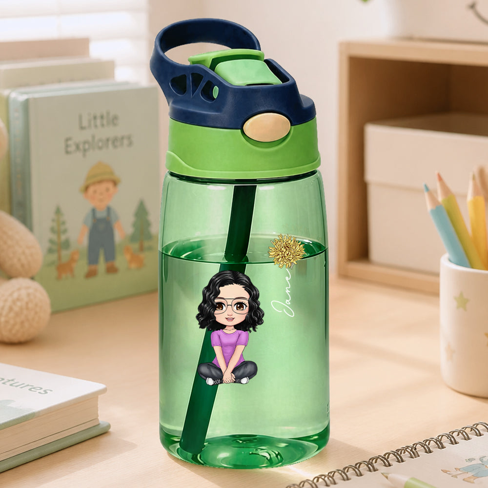 Personalized Portrait Water Bottle Custom Name Cartoon Sports Bottle with Straw Gifts For Kids