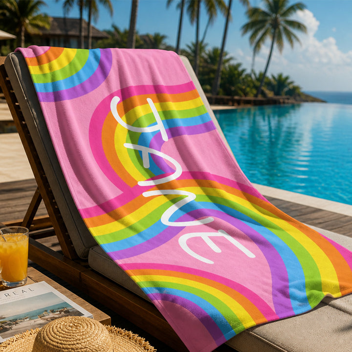 Personalized Rainbow Kids Beach Towel Summer Vacation Gift for Girl and Boy