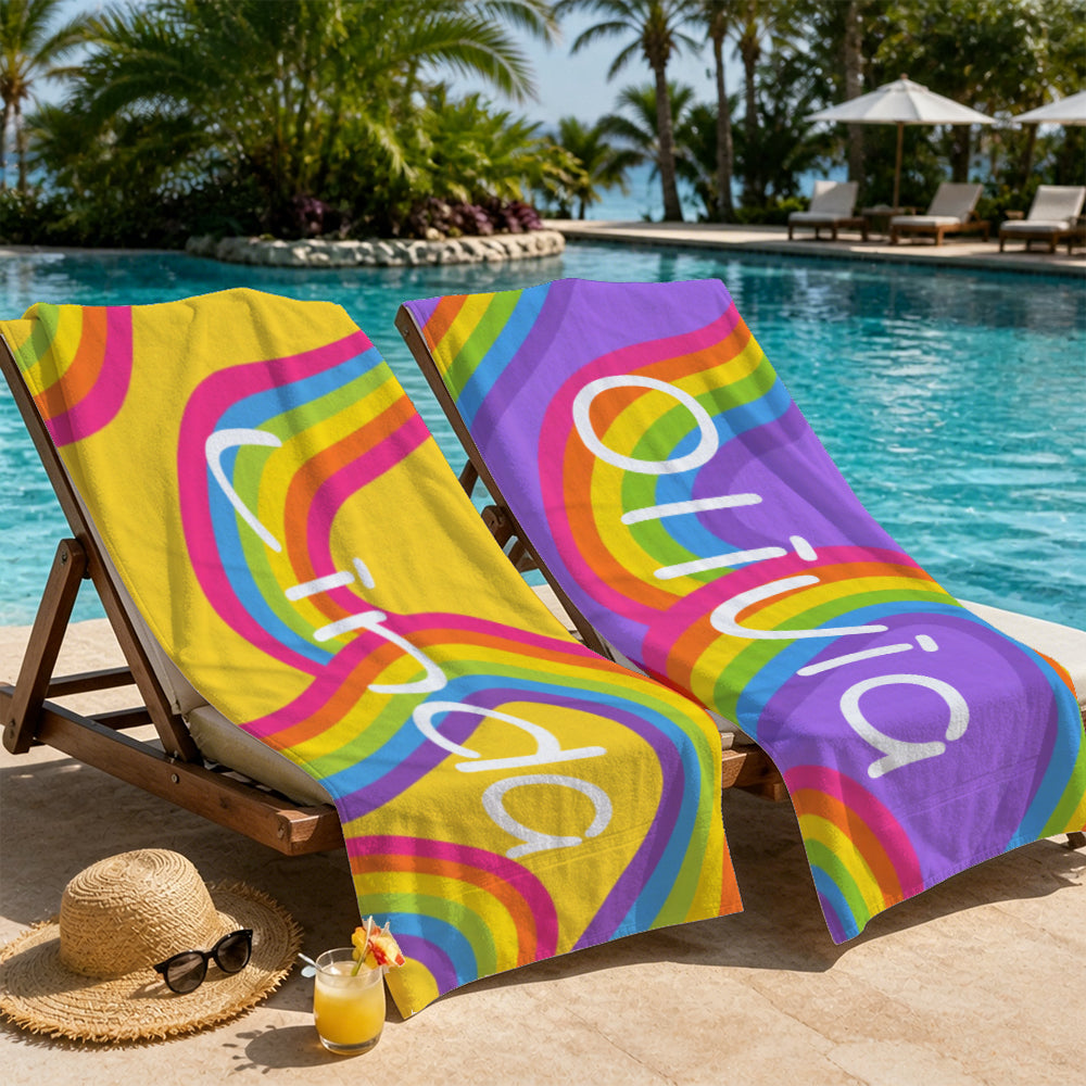 Personalized Rainbow Kids Beach Towel Summer Vacation Gift for Girl and Boy