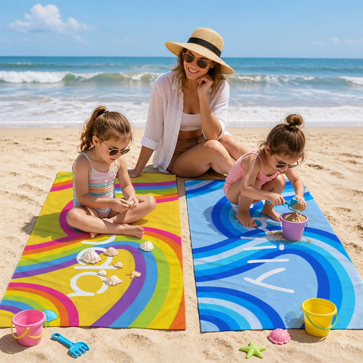 Personalized Rainbow Kids Beach Towel Summer Vacation Gift for Girl and Boy