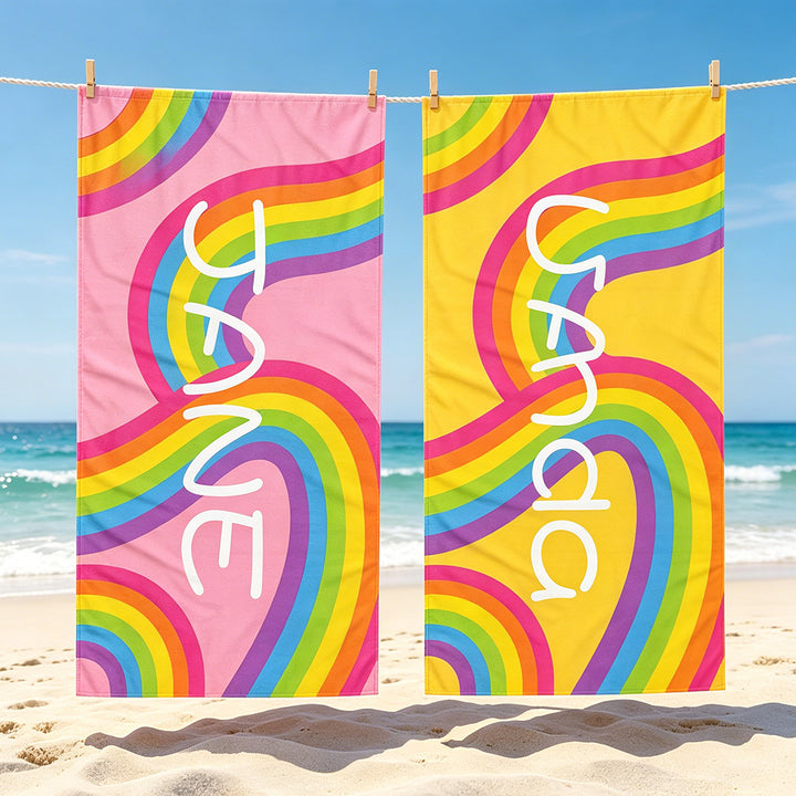 Personalized Rainbow Kids Beach Towel Summer Vacation Gift for Girl and Boy