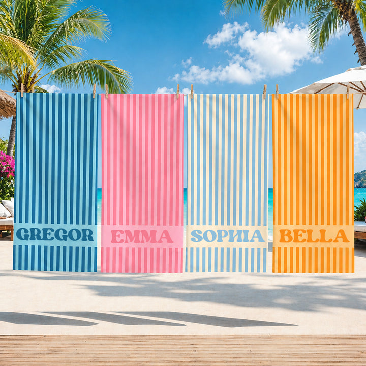 Personalized Retro Striped Beach Towel Custom Bachelorette and Bridesmaid Gift for Besties Bride Friends