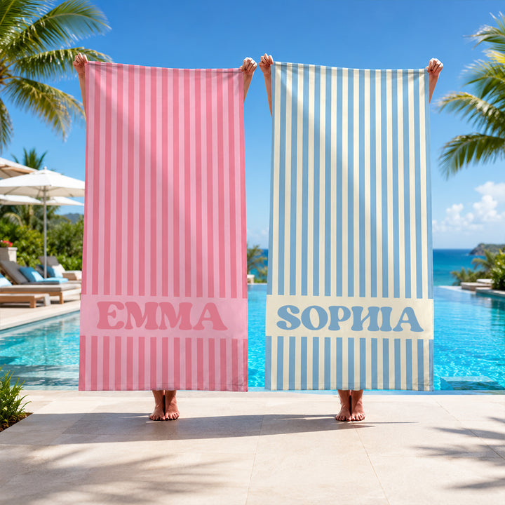 Personalized Retro Striped Beach Towel Custom Bachelorette and Bridesmaid Gift for Besties Bride Friends