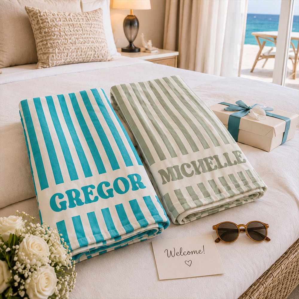 Personalized Retro Striped Beach Towel Custom Bachelorette and Bridesmaid Gift for Besties Bride Friends