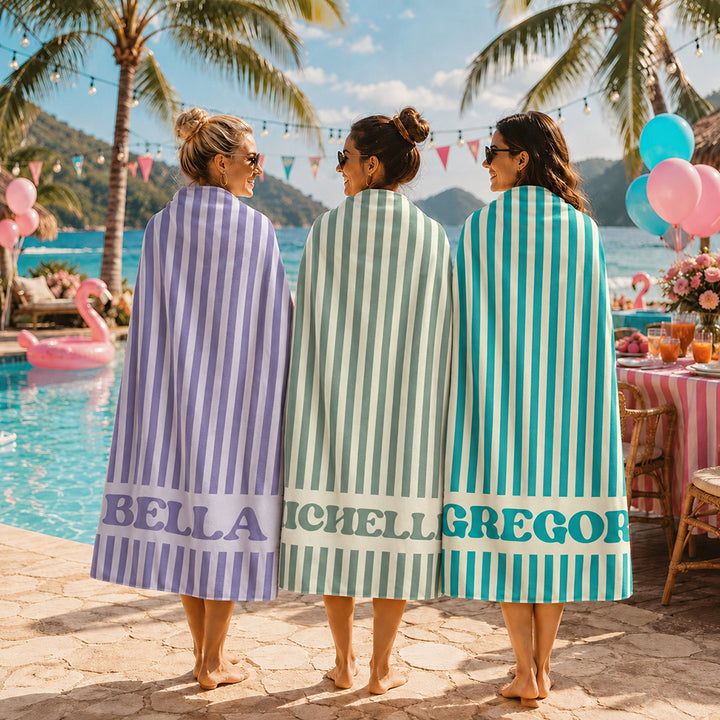 Personalized Retro Striped Beach Towel Custom Bachelorette and Bridesmaid Gift for Besties Bride Friends