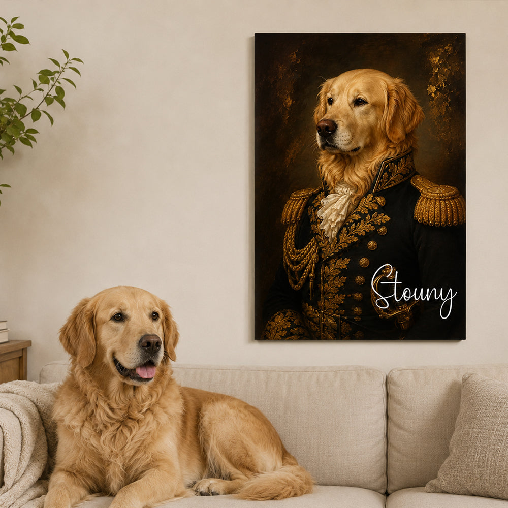 Personalized Royal Pet Portrait Oil Painted Canvas Print Custom Photo with Name Regal Artwork Home Decor Gift for Dog Cat Lovers Birthday Keepsake