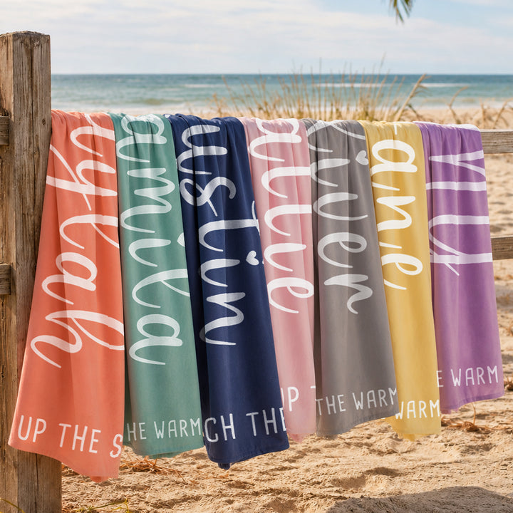 Personalized Script Solid Color Beach Towel with Custom Name and Text Oversized Quick Dry Towel for Summer Beach Pool Trip Party Gift