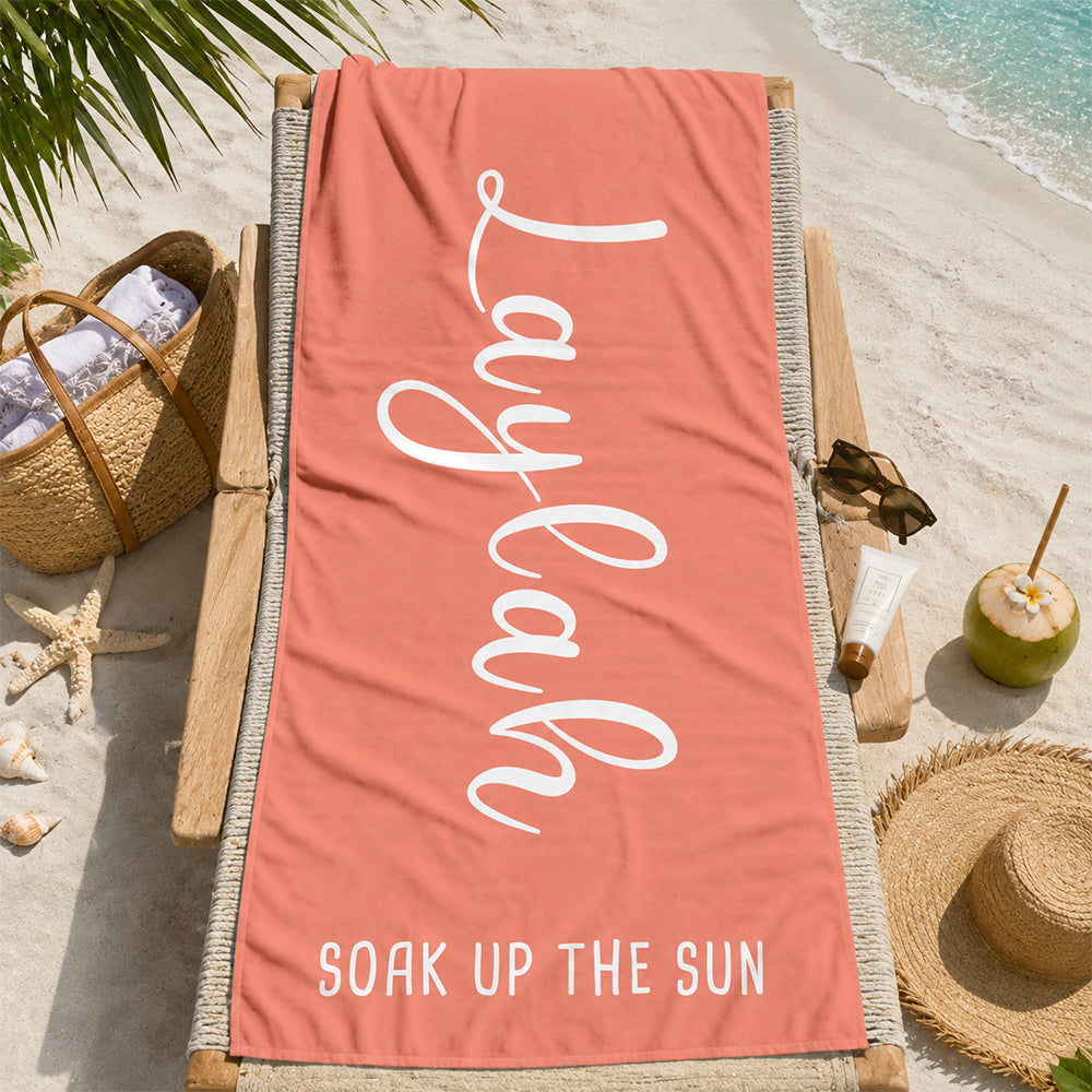 Personalized Script Solid Color Beach Towel with Custom Name and Text Oversized Quick Dry Towel for Summer Beach Pool Trip Party Gift