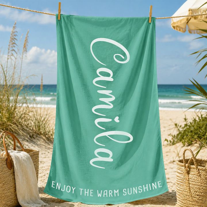Personalized Script Solid Color Beach Towel with Custom Name and Text Oversized Quick Dry Towel for Summer Beach Pool Trip Party Gift