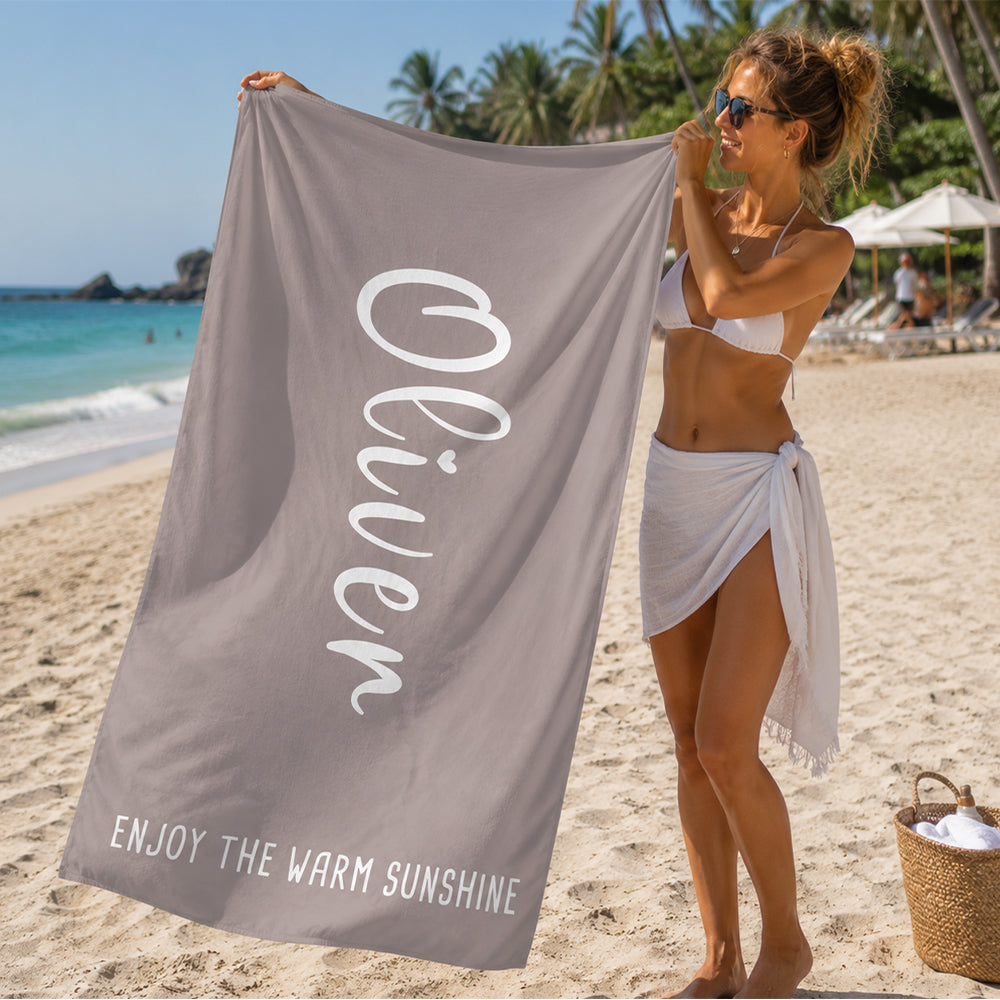 Personalized Script Solid Color Beach Towel with Custom Name and Text Oversized Quick Dry Towel for Summer Beach Pool Trip Party Gift