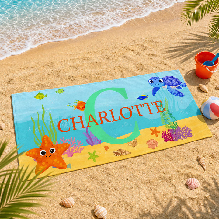 Personalized Sea Animal Kids Beach Towel Custom Name Initial for Children Summer Pool Travel Gift