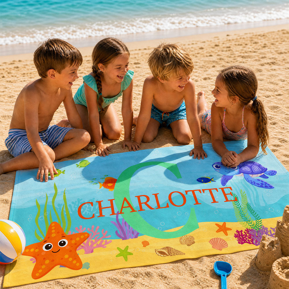 Personalized Sea Animal Kids Beach Towel Custom Name Initial for Children Summer Pool Travel Gift