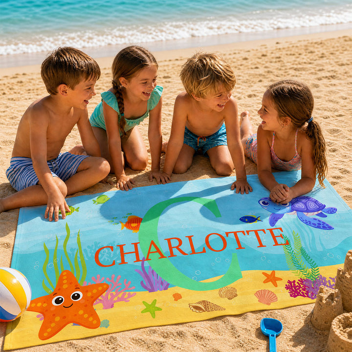 Personalized Sea Animal Kids Beach Towel Custom Name Initial for Children Summer Pool Travel Gift