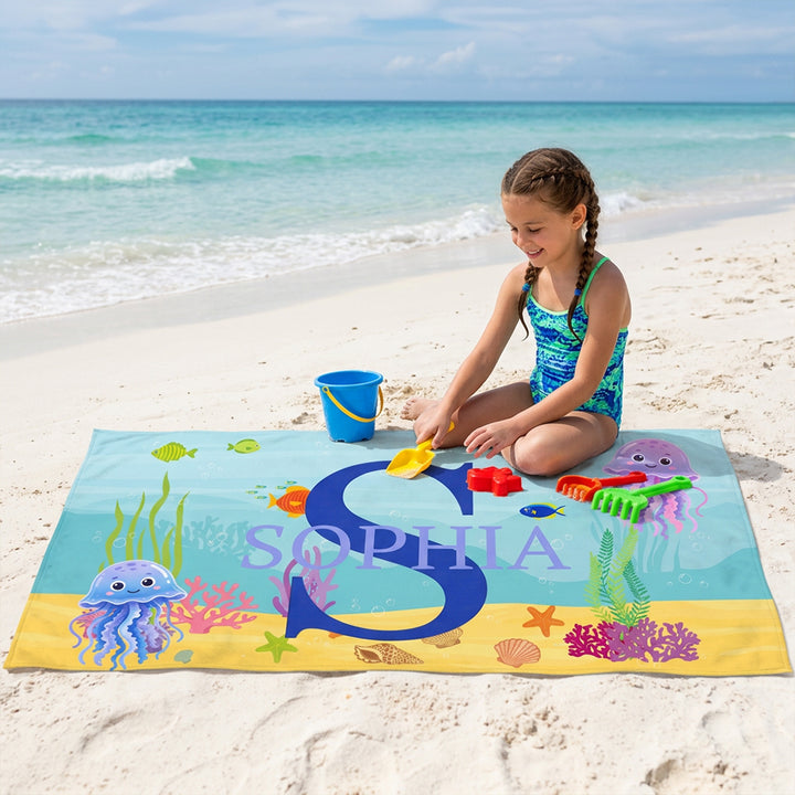 Personalized Sea Animal Kids Beach Towel Custom Name Initial for Children Summer Pool Travel Gift