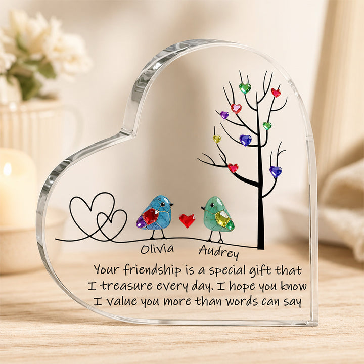 Personalized Sea Glass Inspired Birds Heart-Shaped Acrylic Plaque with Names Tree of Life Desk Decor Birthday Gift for Sisters Friends Besties
