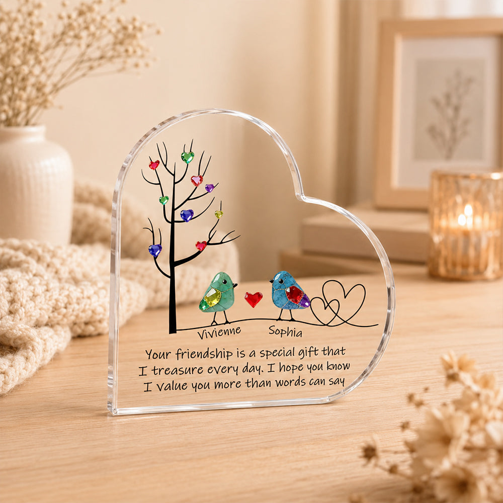 Personalized Sea Glass Inspired Birds Heart-Shaped Acrylic Plaque with Names Tree of Life Desk Decor Birthday Gift for Sisters Friends Besties