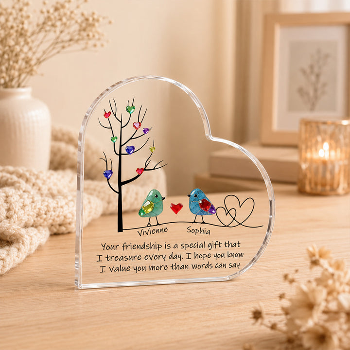Personalized Sea Glass Inspired Birds Heart-Shaped Acrylic Plaque with Names Tree of Life Desk Decor Birthday Gift for Sisters Friends Besties