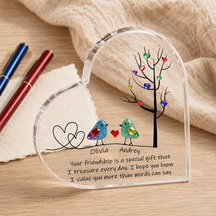 Personalized Sea Glass Inspired Birds Heart-Shaped Acrylic Plaque with Names Tree of Life Desk Decor Birthday Gift for Sisters Friends Besties