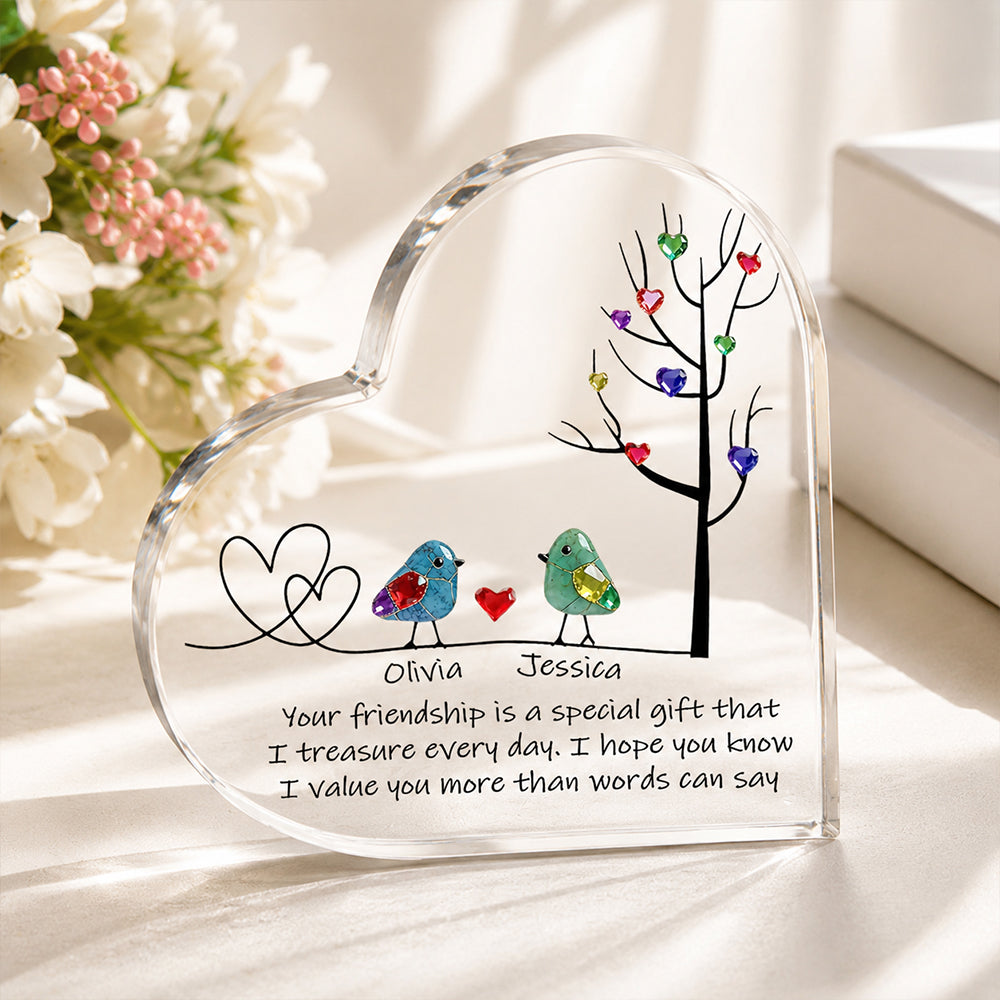 Personalized Sea Glass Inspired Birds Heart-Shaped Acrylic Plaque with Names Tree of Life Desk Decor Birthday Gift for Sisters Friends Besties