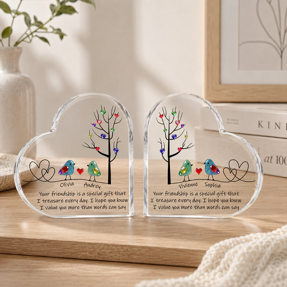Personalized Sea Glass Inspired Birds Heart-Shaped Acrylic Plaque with Names Tree of Life Desk Decor Birthday Gift for Sisters Friends Besties