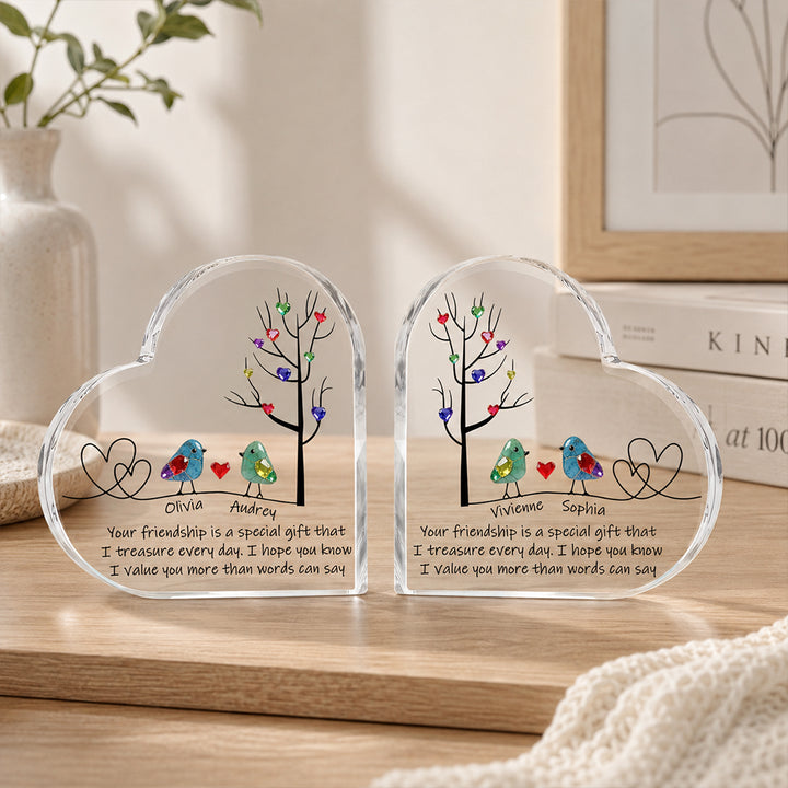 Personalized Sea Glass Inspired Birds Heart-Shaped Acrylic Plaque with Names Tree of Life Desk Decor Birthday Gift for Sisters Friends Besties